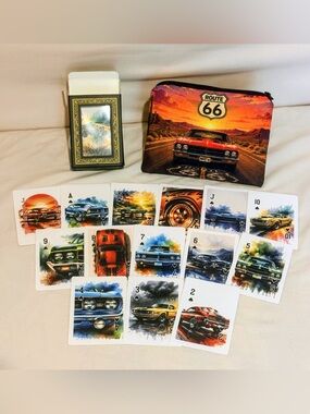 Route 66 Canvas Deck Pouch w/Classic Cars Playing Cards - New